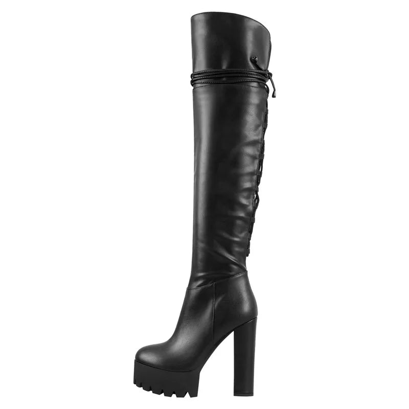 Nur Hersteller über dem Knie Stiefel Frauen schwarze Plattform High Heel Stiletto hohen Reiß verschluss plus Größe hand gefertigte Stiefel