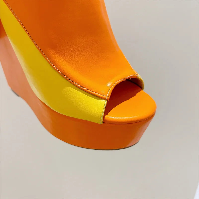 Liyke 2024 neue orange Leder Frauen Plattform Keile Hausschuhe sexy Peep Toe Super High Heels Sandalen Sommer Party Kleid Schuhe