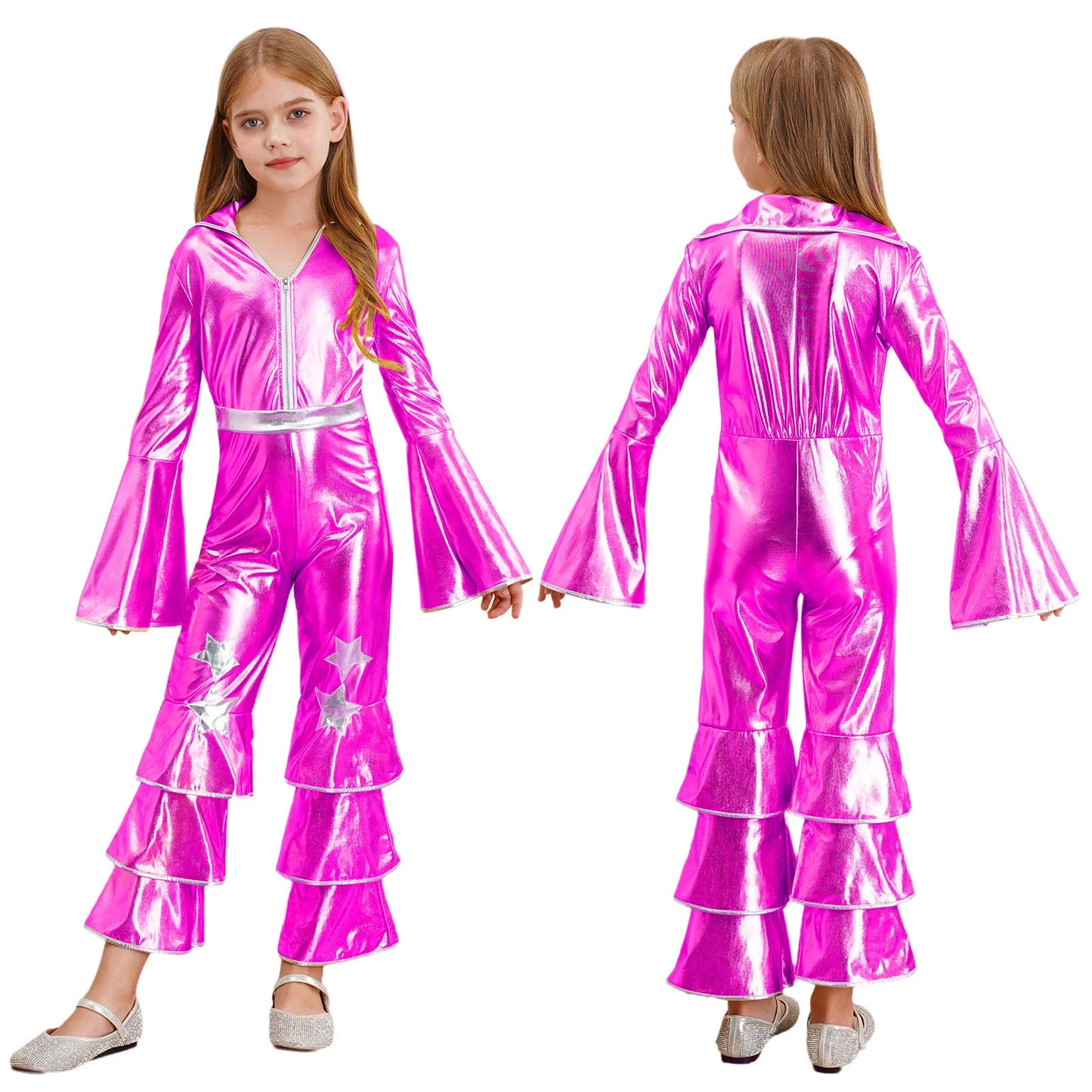 Kids Girls 70s 80s Disco Costume Metallic Flare Sleeve Ruffle Bell Bottom Jumpsuit Halloween Cosplay Funky Dancing Bodysuit