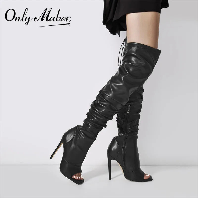 Only maker Frauen Peep Toe schwarz matt über dem Knie Stiefel prägnante Mode Stiletto High Heel Reiß verschluss Stiefel