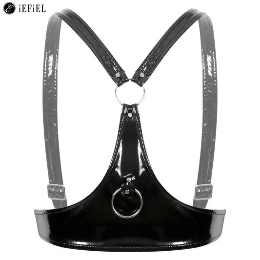 Frauen Wet Look PVC Leder Draht-Freies Bh Tops Dreieck Bralette Latex Schnallen O Ring Körper Chest Harness bustier Clubwear