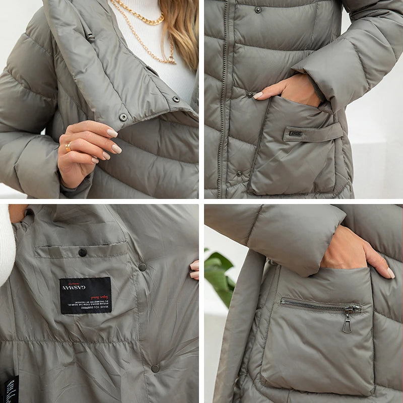 Gasman Mode Parkas Frauen lässig Kapuze Taschen gürtel Frauen Daunen jacke weibliche Mäntel Outwear