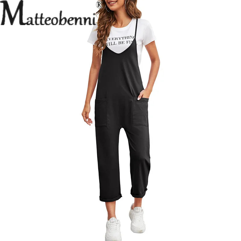 Sommer frauen Schlinge Overall Einfarbig Casual Spleißen Tasche Ein Stück Outfits Weibliche Neue Lose Bodysuit Gerade Lange Hosen