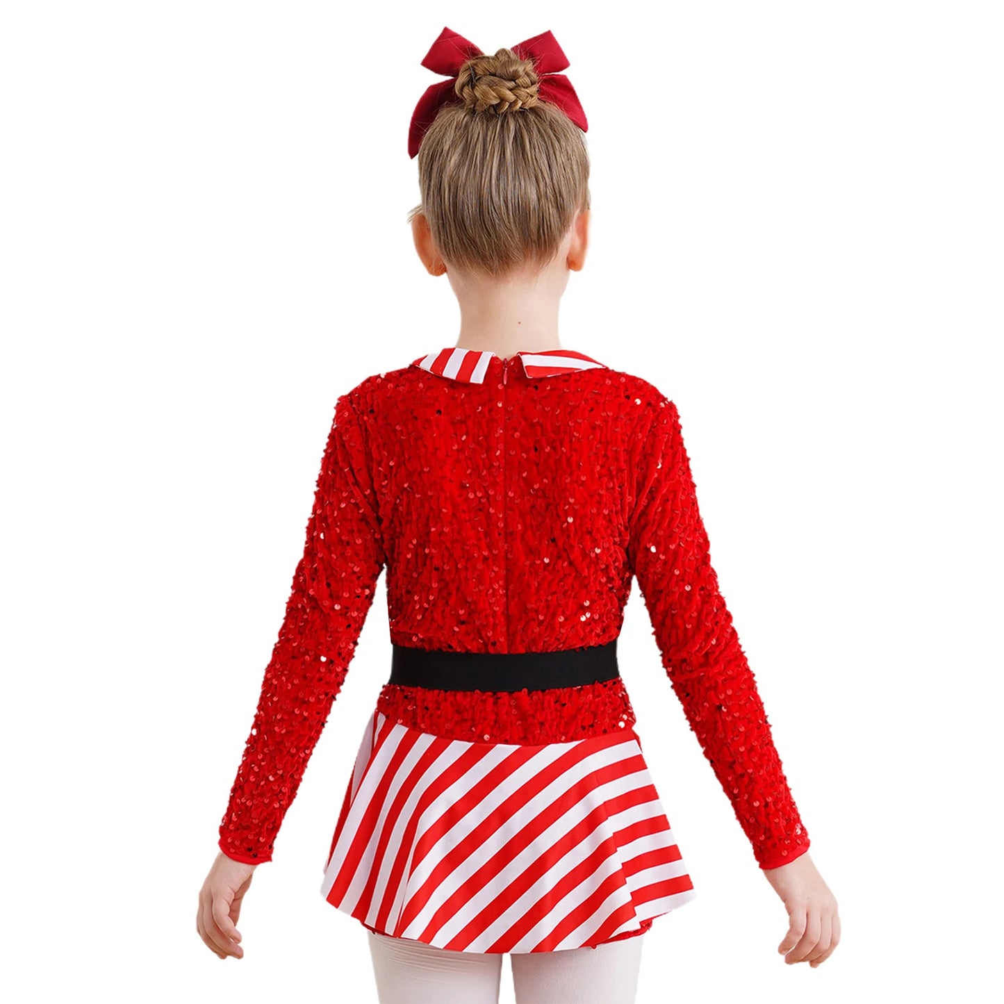 Mädchen Pailletten Samt gestreift Santa Claus Langarm Weihnachten Tanz Skating Bodysuit Overall Weihnachts ferien Zuckers tange Kostüm