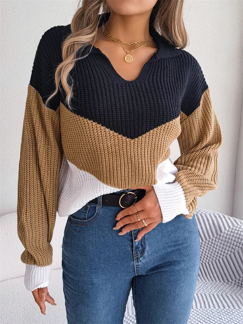 Herbst Winter Revers Pullover Frauen verdickt warm gestrickt Top weibliche dreifarbige Patchwork Laterne Langarm Pullover Streetwear