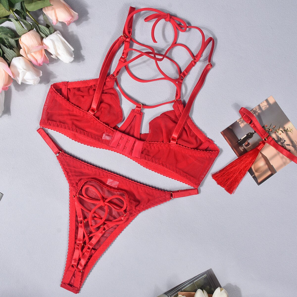Ellolace Sexy Lingerie Bangdage Bra Brief Set Lace Underwear Women Fancy Tassels Bra Kit Push Up Outfit Seamless Red Exotic Sets