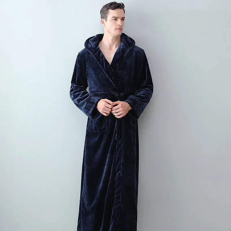 Herren Winter Bademantel Mit Kapuze Roben Lange Nachtwäsche Warme Plüsch Schal Dusche Robe Nacht Kleid Homewear Pyjama Mann Kleidung für Schlaf