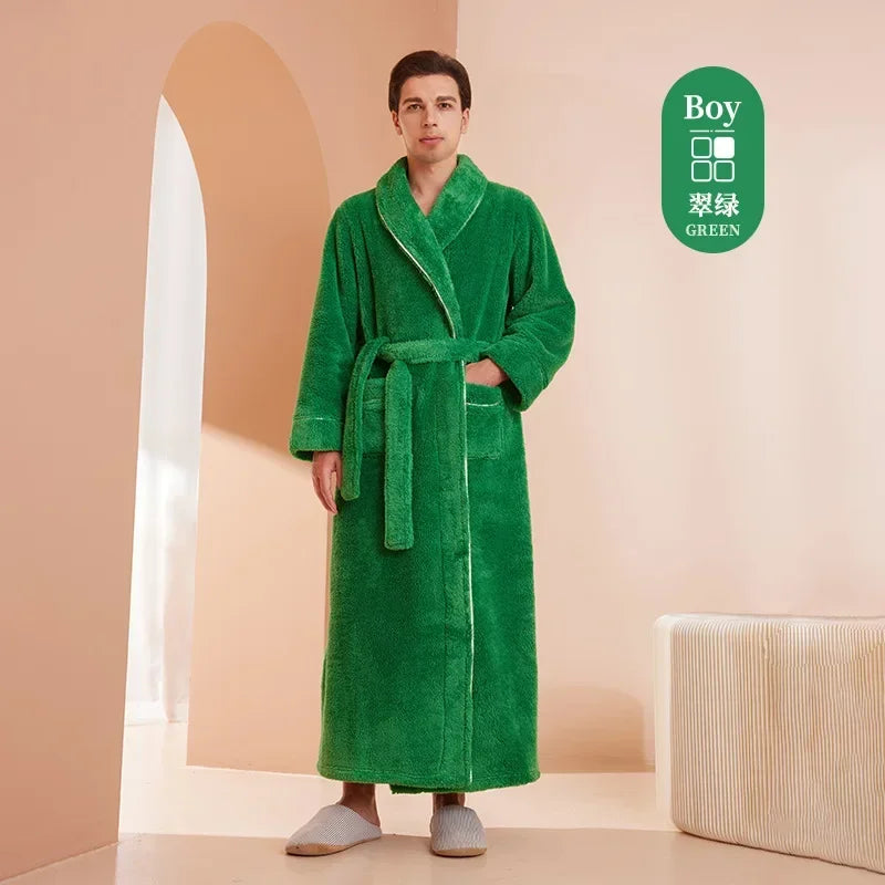 Doppelseitige Verdicken Flanell Herbst Winter Korallen Fleece Paar Lange Robe Hause Kleidung Lange Bademantel Nachtwäsche Lose Loungewear