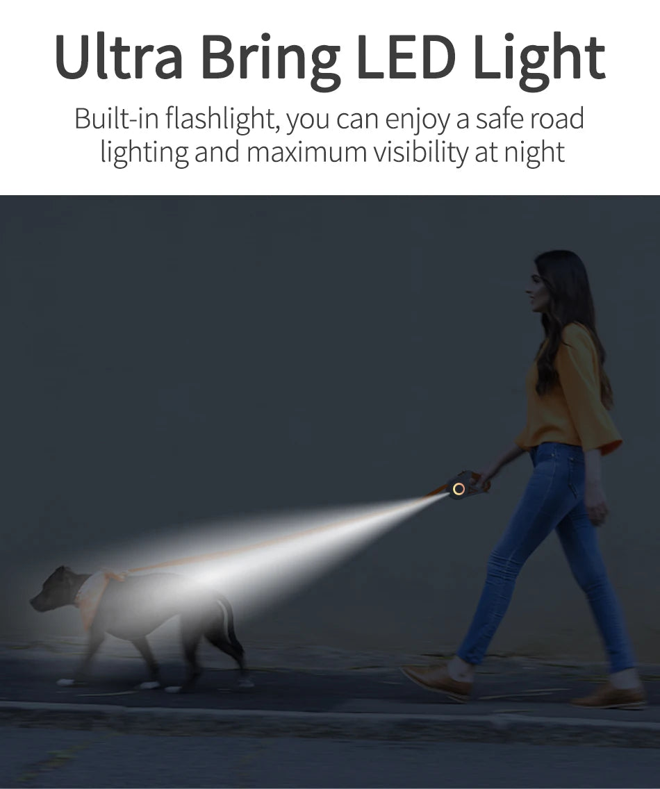 Rojeco 5m automatische einziehbare Hunde leine mit LED-Taschenlampe aus strap azier fähigem Nylon für Hunde verstellbares Laufs eil