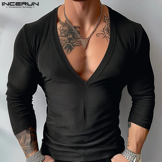 Incerun Männer T-Shirts einfarbig gestrickt V-Ausschnitt Langarm Streetwear lässige Männer Kleidung Herbst 2024 Mode Camisetas S-5XL