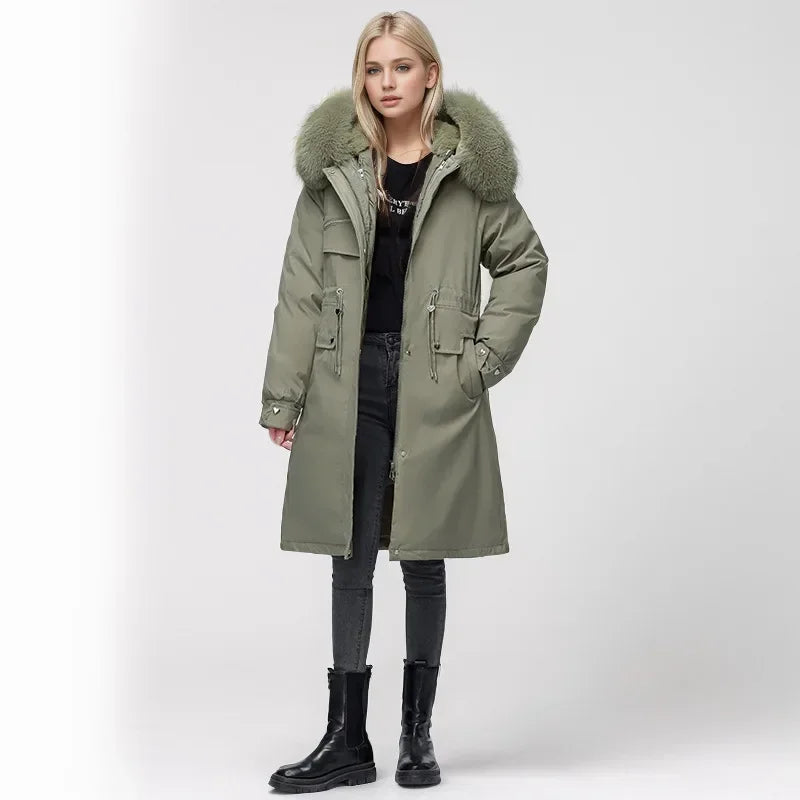 2024 neue Winter Frauen Parka Kleidung lose lange Mantel Wolle Liner Kapuze Daunen Baumwoll jacke Pelz kragen dicken warmen Schnee tragen gepolstert