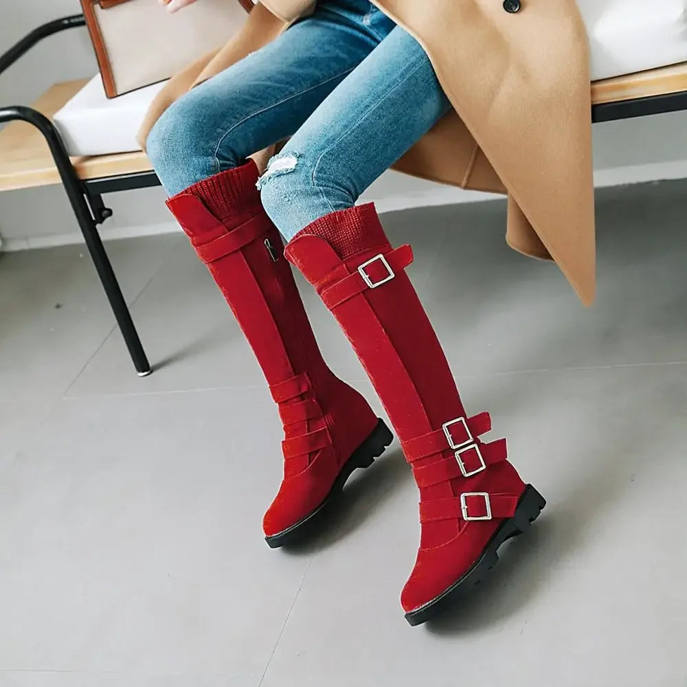 Winter Warme Plüsch Frauen Kniehohe Stiefel Rot Braun Flock Niedrigen Quadratischen Absatz Casual Party Dame Punk Schnalle Zipper Plattform Lange Stiefel