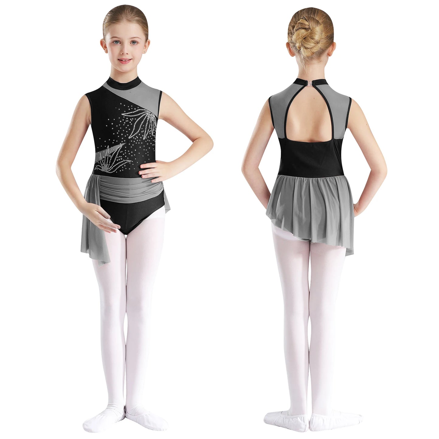 Kinder Mädchen Glitzer Strass Blumen Ballett Tanz unregelmäßiges Kleid Rocked Trikot Gymnastik Bodysuit Ballerina Dance wear