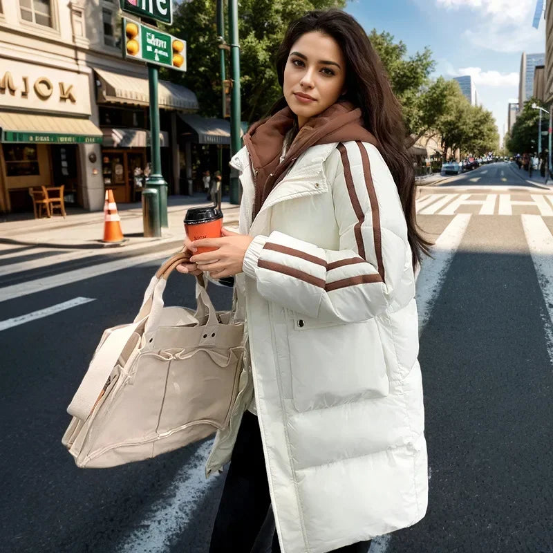 2024 Winter Women's Padded Jacket New Contrast Medium Long Fake Two Piece Down Cotton Jacket Female Hooded Casual Parkas Coats