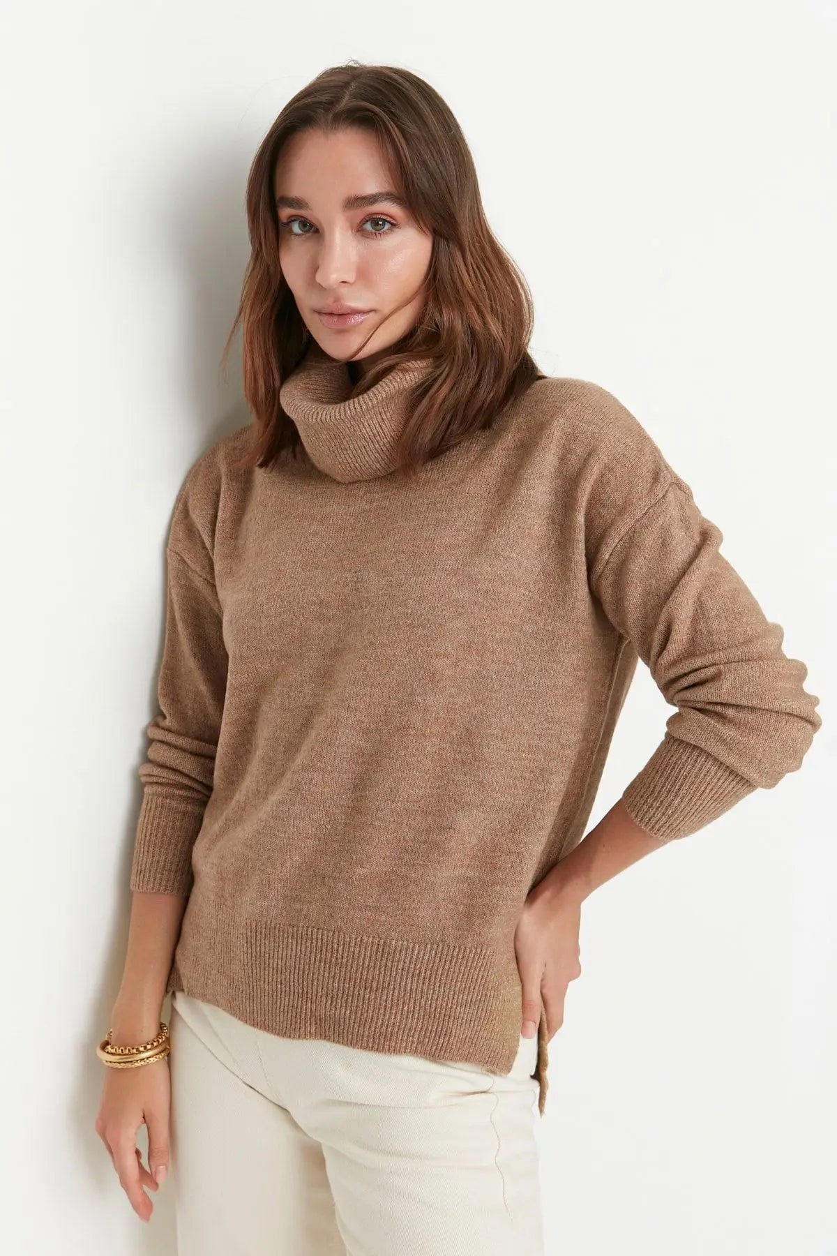 Trendyol TYZA Damen-Pullover, Übergröße, lässige Strickwaren, einfarbiger Rollkragenpullover, schulterfreie Pullover und Pullover, Übergröße, lässige Strickwaren