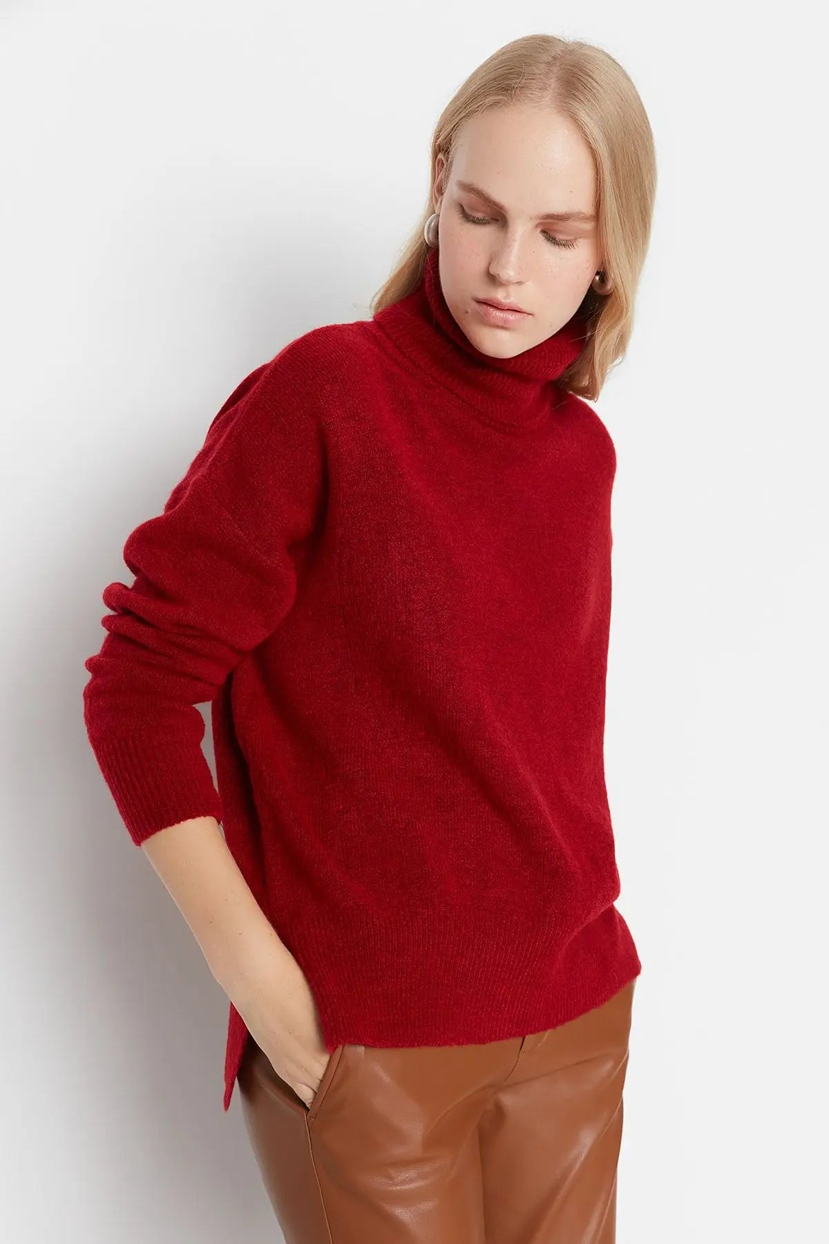 Trendyol TYZA Damen-Pullover, Übergröße, lässige Strickwaren, einfarbiger Rollkragenpullover, schulterfreie Pullover und Pullover, Übergröße, lässige Strickwaren