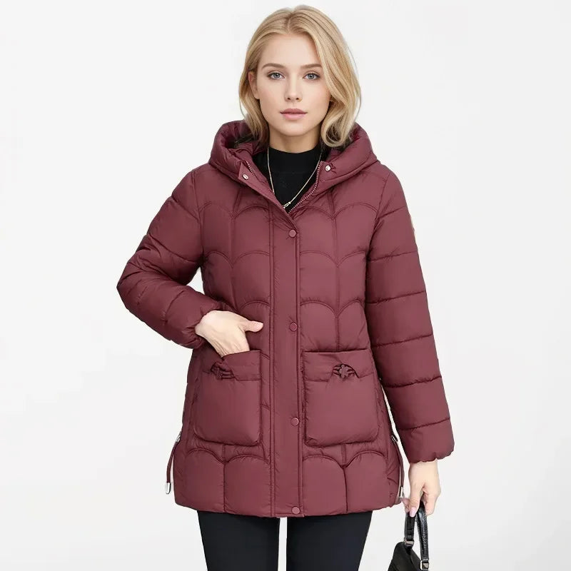 2024 Winter Damen Daunen Baumwolle warme Mäntel neue stilvolle Midi-Länge Kapuze leichte gepolsterte Parkas Taschen lose Jacke weiblich