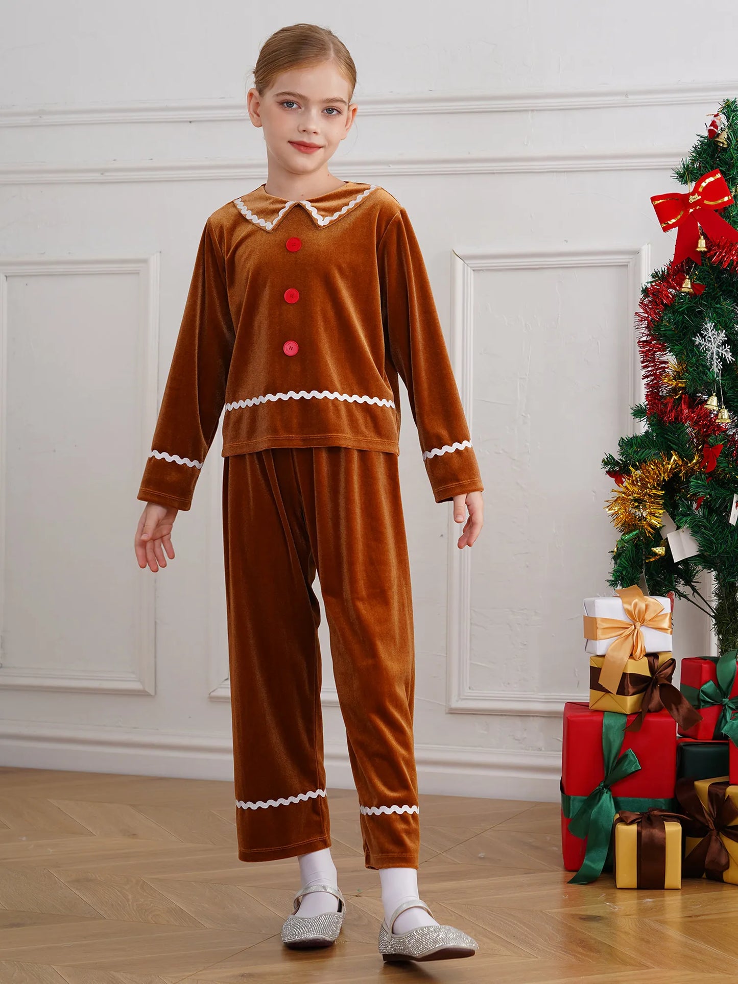 Girls Christmas Gingerbread Man Costume Velvet Long SleeveTop with Pants for Xmas Holiday Cookie Cosplay Dress Up Party