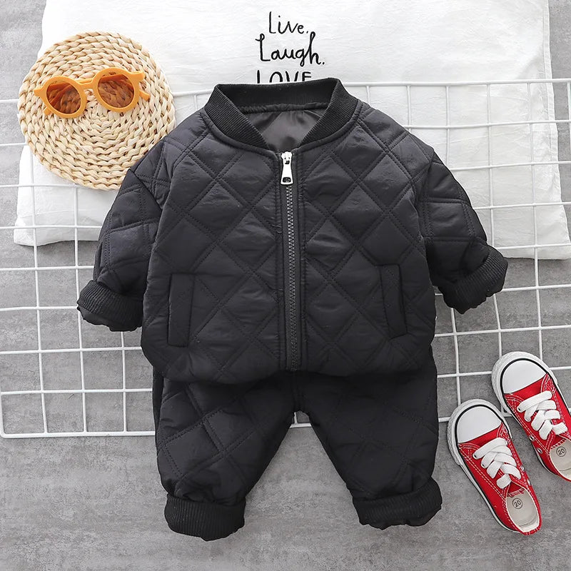 Herbst Winter Baby Jungen Kleidung setzt Kinder Baumwolle gepolsterte Reiß verschluss Mantel Hose 2 Stück Outfits 1 2 3 4 Jahre Kinder Trainings anzug Anzüge