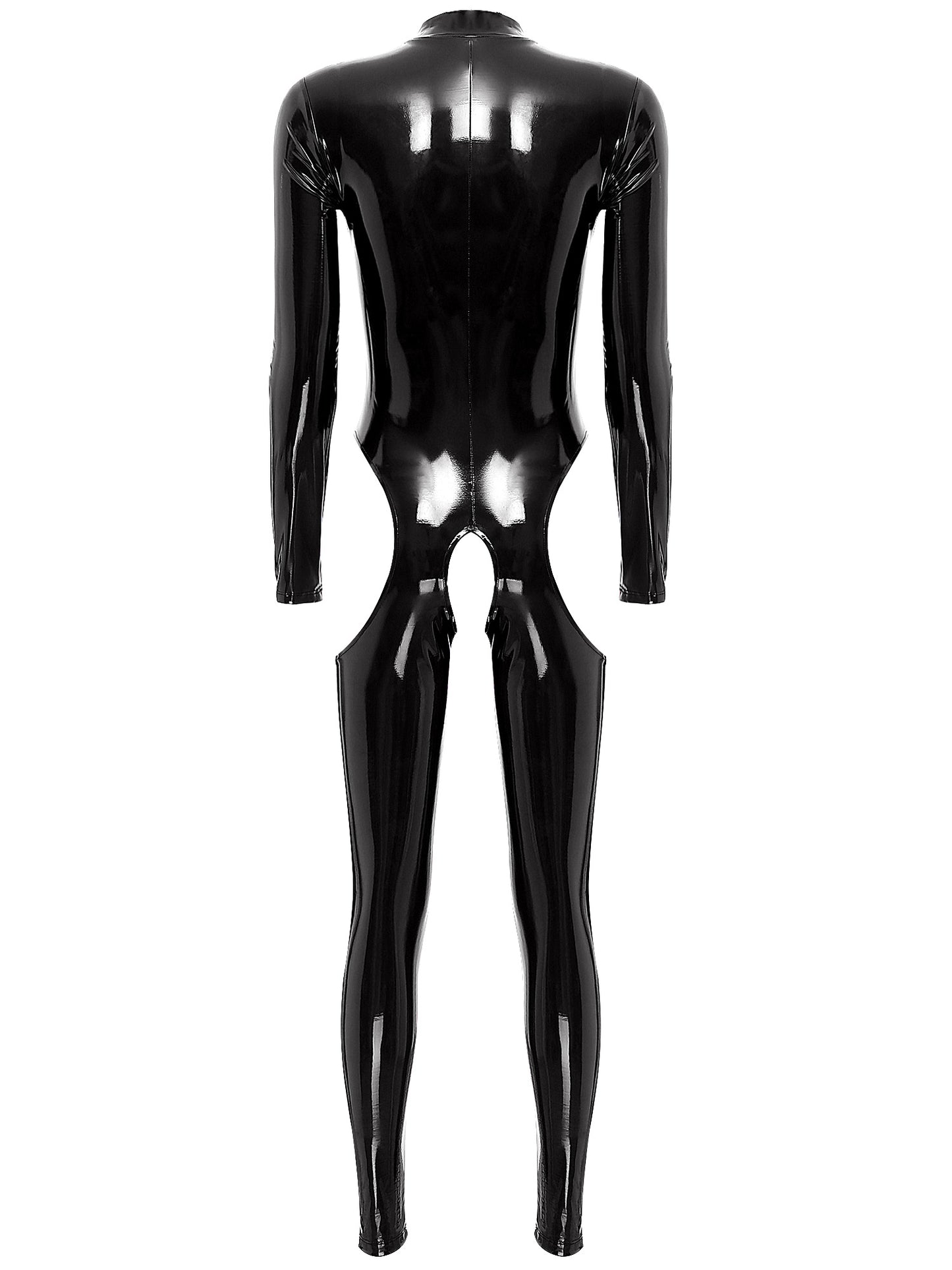 Damen Wet Look Lack leder Ausschnitt Schritt loser Overall Langarm Aushöhlen Skinny Bodysuit Catsuit Latex Clubwear