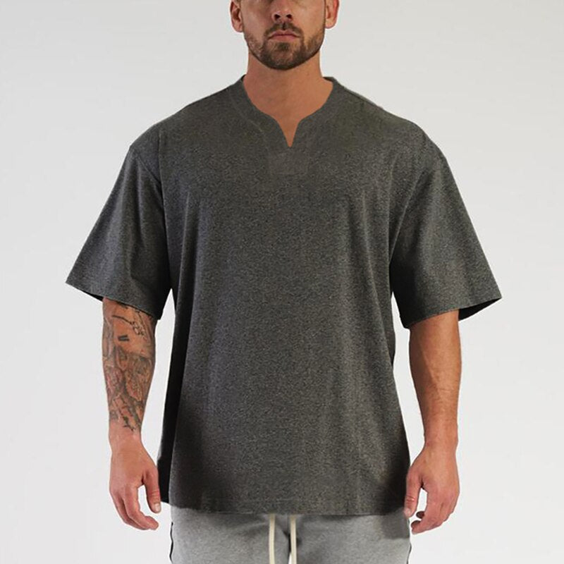 Plain Gym Clothing Cotton Fitness Mens Oversized T Shirt V-neck Hip Hop Streetwear Loose Half Sleeve T-shirt Bodybuilding Tshirt