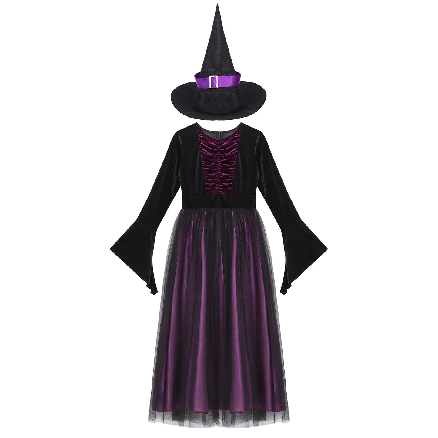 Kids Girls Witch Costume Velvet Long Sleeve Halloween Carnival Cosplay Roleplay Dress with Pointed Hat Prom Dress Up Clothes