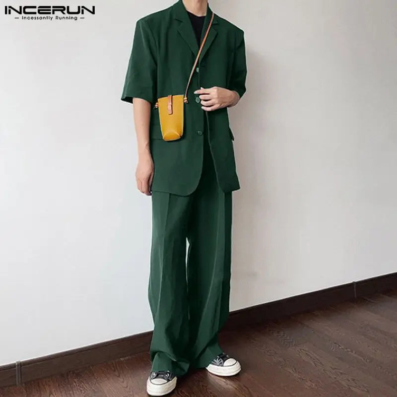 INCERUN Men Sets Solid Color Lapel Short Sleeve Blazer & Straight Pants 2PCS Streetwear 2024 Fashion Men's Casual Suits S-5XL