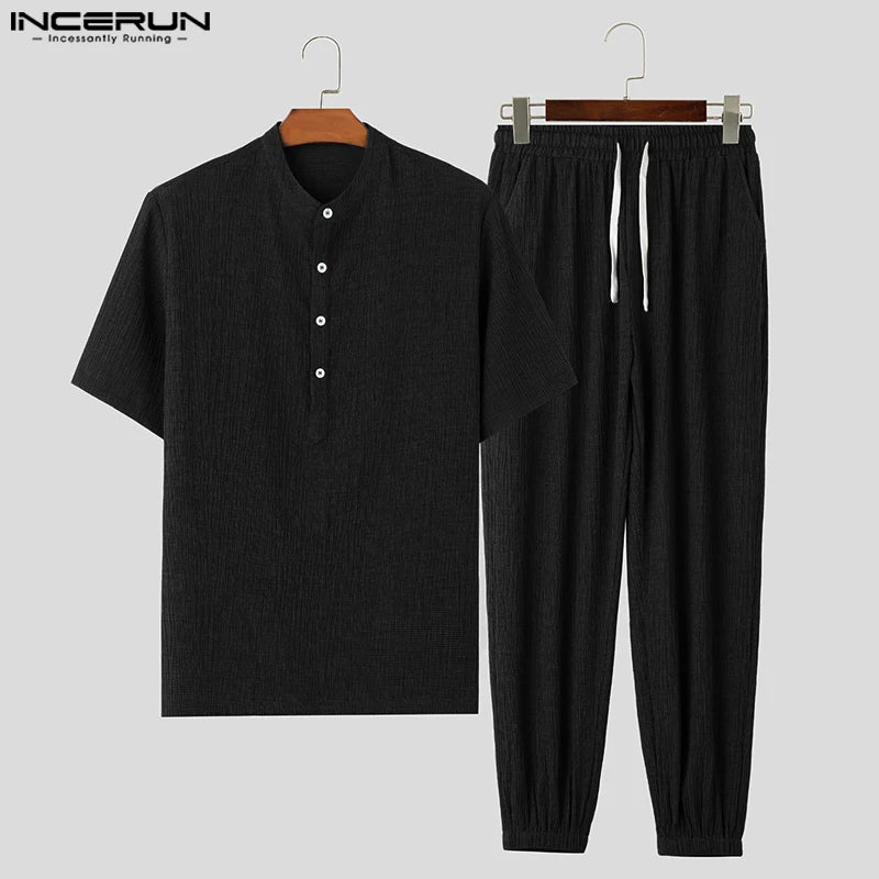 INCERUN Men Sets Solid Vintage Stand Collar Short Sleeve Shirt & Pants 2PCS Streetwear 2023 Chinese Style Men Casual Suits S-5XL