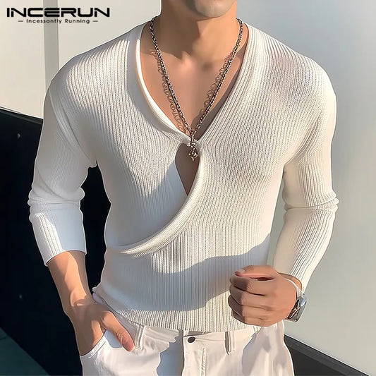 INCERUN Men T Shirt Solid Color V Neck Long Sleeve Hollow Out Sexy Tee Tops Streetwear 2024 Knitted Fashion Casual Men Clothing