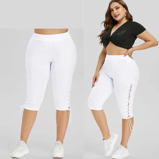 ROSEGAL Plus Size Damen Lässige Seitens chnürung, hohe, dehnende, kurz geschnittene Hose, weiße Capri hose