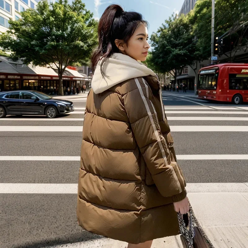 2024 Winter Women's Padded Jacket New Contrast Medium Long Fake Two Piece Down Cotton Jacket Female Hooded Casual Parkas Coats