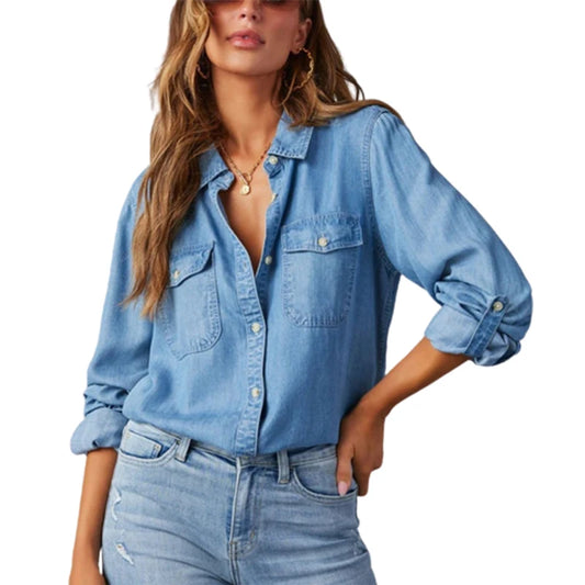 Herbst dünne Jeans hemd Damen einreihige Spleiß tasche Langarm Revers Tops Damen bequeme Pendler lässige Bluse