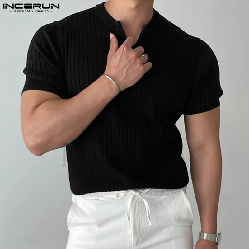 INCERUN Männer T Shirt Einfarbig Zipper Oansatz Kurzarm Casual Männer Kleidung Streetwear 2024 Koreanischen Stil Männliche T Tops S-5XL