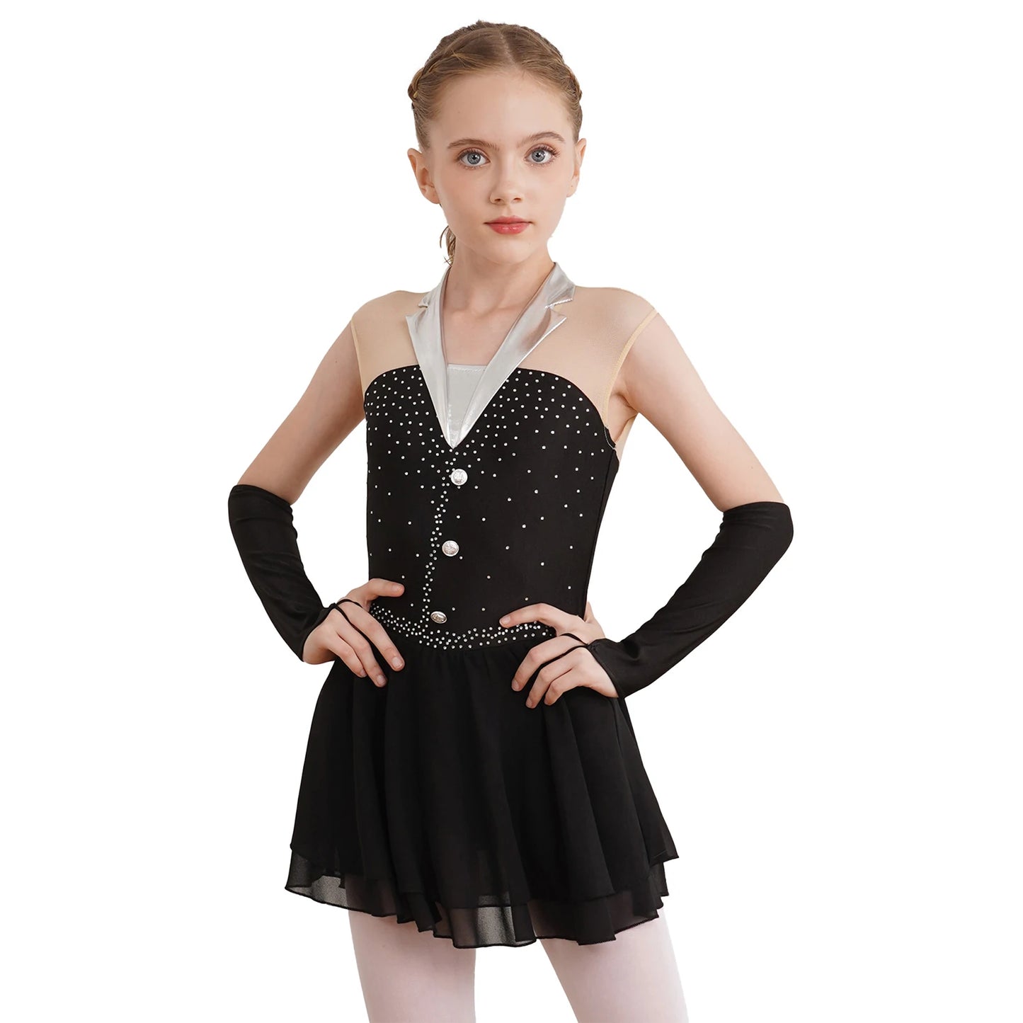 Kids Girls Figure Skating Costume Sequins Ballet Dance Dress with Fingerless Gloves Gymnastics Skirted Leotard Lyrical Dancewear