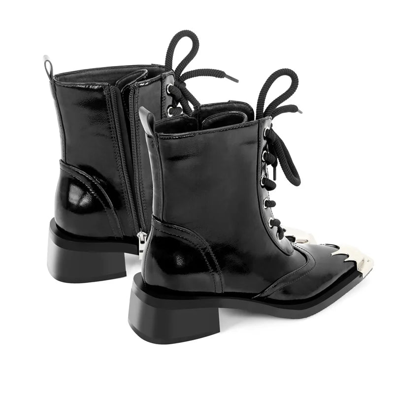 Only maker Frauen Stiefeletten Square Toe Seite Reiß verschluss Schnürung Chunky Heel Mode Punk Stiefel