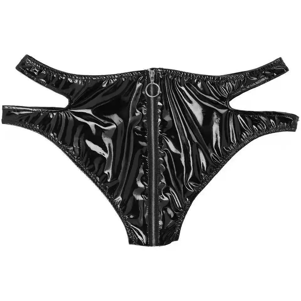 Frauen sexy o Ring Reiß verschluss Schritt Leder Slips Low Rise Latex Wetlook Leder Slips Unterwäsche Rave Clubwear Performance Kostüm