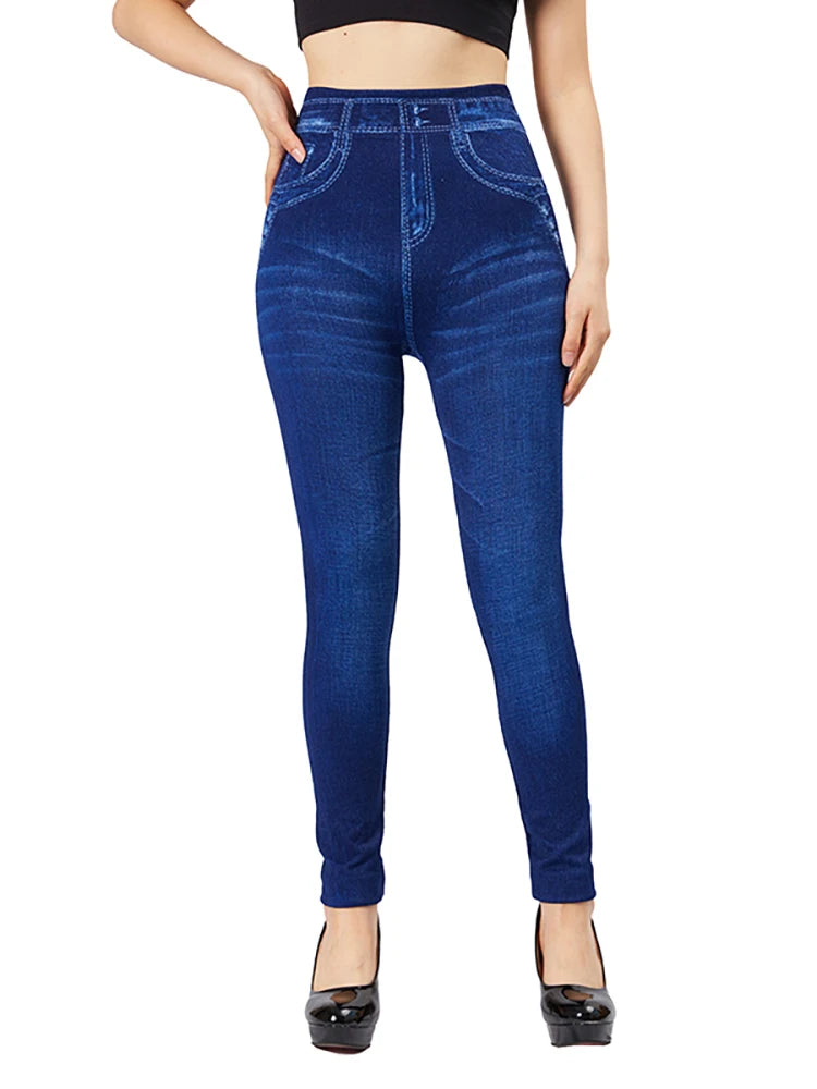 CUHAKCI Simple Blue False Jeans Plus Size Stretch Leggings Fake Pocket Print Pencil Pants Women Slim Fit Stretch False Jeggings