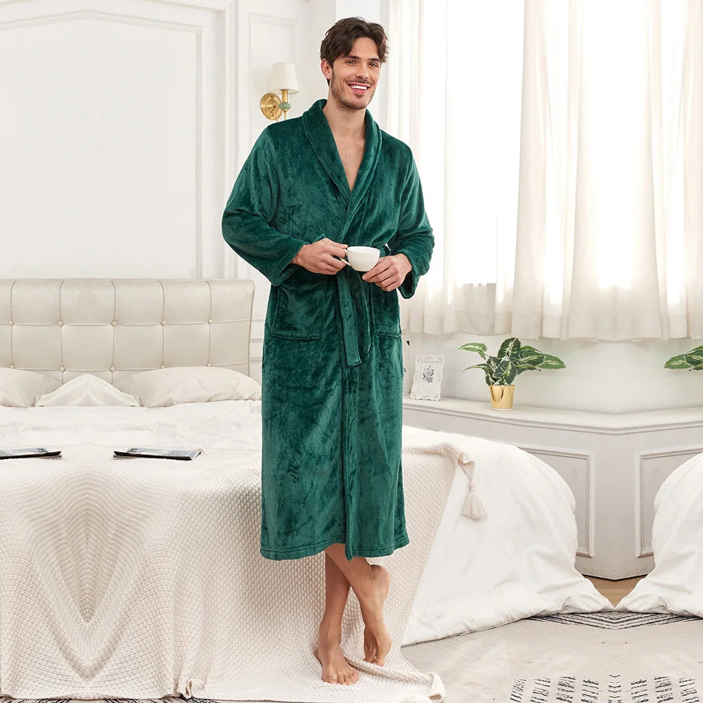 Herren Robe Flanell Kimono Nachtwäsche Lose Winter Homewear Bademantel Kleid Dusche Einfarbig Nachtwäsche mit Tasche Loungewear