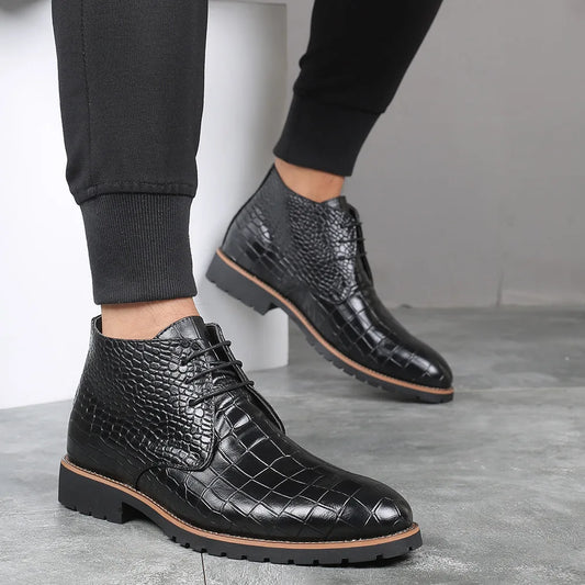 Men's Fashion Short Boot Men Lace-up Crocodile Grain Leather Ankle Boots Mens Casual Shoes High Top Flats Plus Sizes