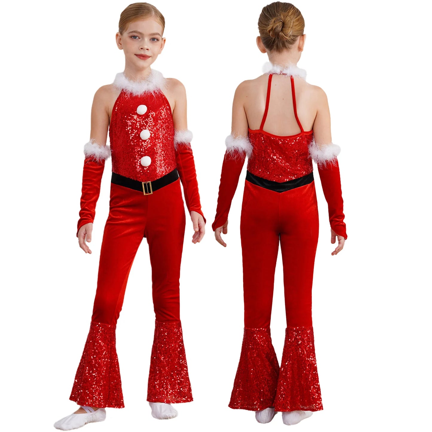 Girls Christmas Costume Santa Claus Velvet Sequins Bell Bottoms Jumpsuit with Arm Sleeve Merry Xmas Holiday Festive Outfits