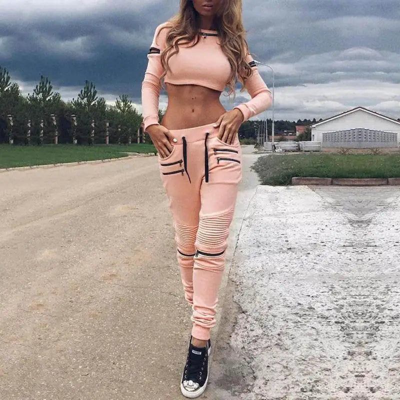 Oshoplive 2024 new spring autumn Fashion Zipper Hollow Long Sleeves Tees & Pants Suits women casual Sports two piece set