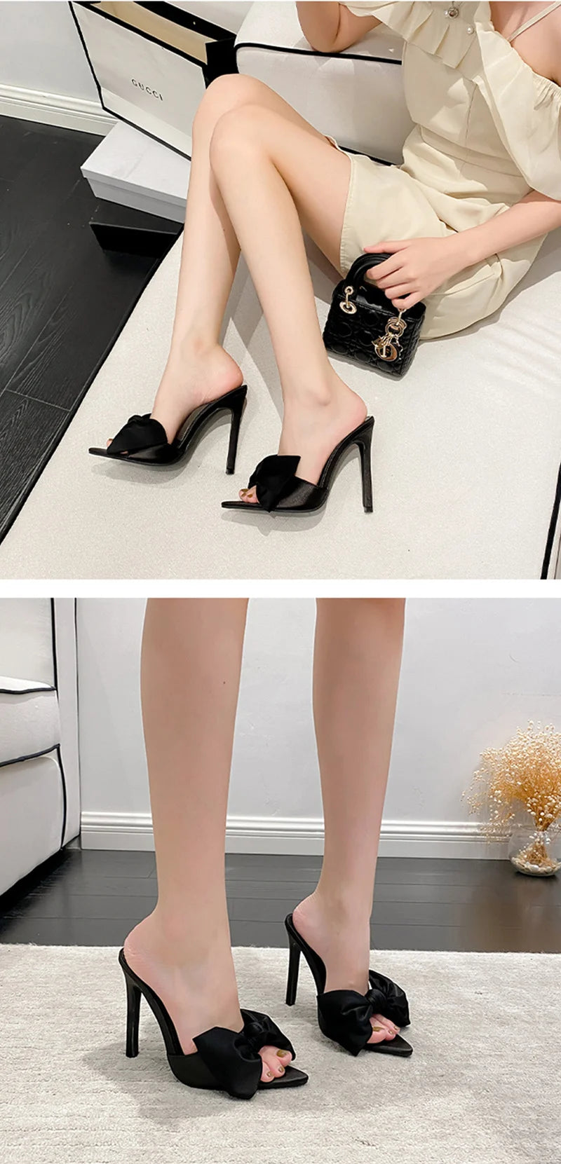 Liyke Sexy Spitz Maultiere High Heels Slipper Weibliche Sommer Partei Bankett Schuhe Mode Schmetterling-knoten Frauen Gleitet Sandalen