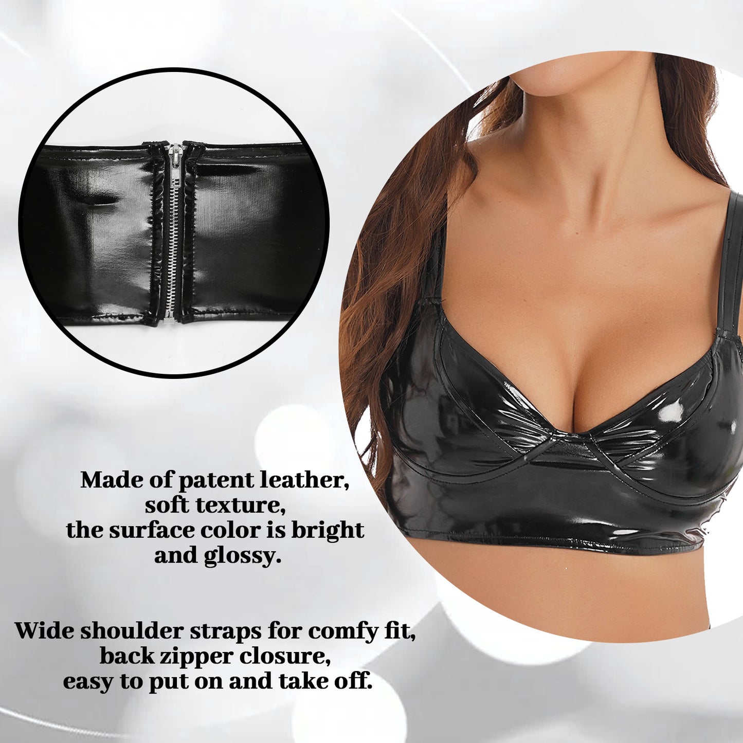 Womens Erotic Lingerie Wetlook Patent Leather Wireless Bra Tops Camisole Wide Shoulder Straps Sexy Crop Top Bra Clubwear