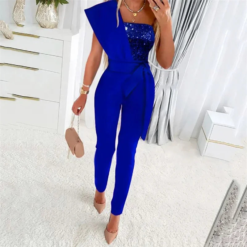 Mode Pailletten Dekoration Eine Schulter Backless Overall Frauen Weibliche Slim Fit Stretch Spitze-up Hohe Taille Zurück Zipper Strampler