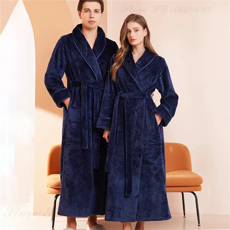 Flanell Lange RobeThicken Warme Kimono Bademantel Hause Kleidung Nachthemd Neue Winter Paar Nachtwäsche Lose Korallen Fleece Lounge Tragen