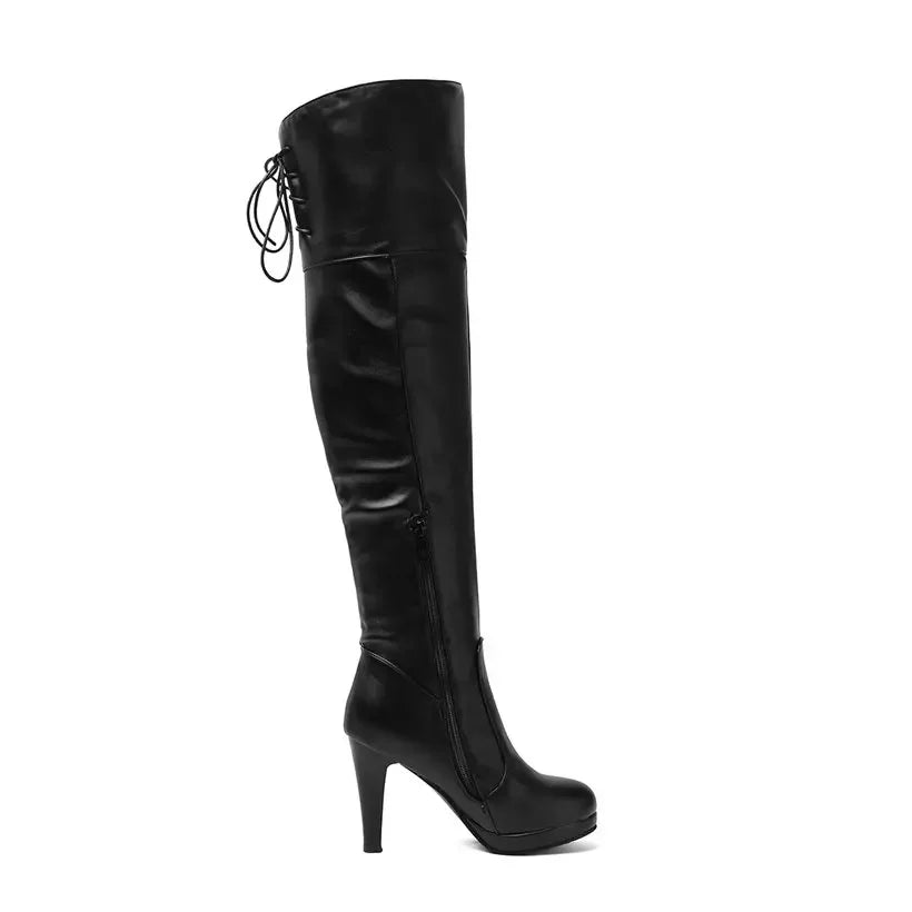 Winter Frauen Oberschenkel-hohe Plattform Stiefel Hohe Spike Heels Schwarz Weiß Party Club Damen Runde Kappe Zipper Sexy Lange über Knie Stiefel