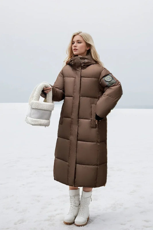 2024 neue Verdicken Schnee Parkas Mode Winddicht Glänzend Unten Baumwolle Mit Kapuze Frauen Jacke Winter Lose Lange Mantel Kleidung Damen