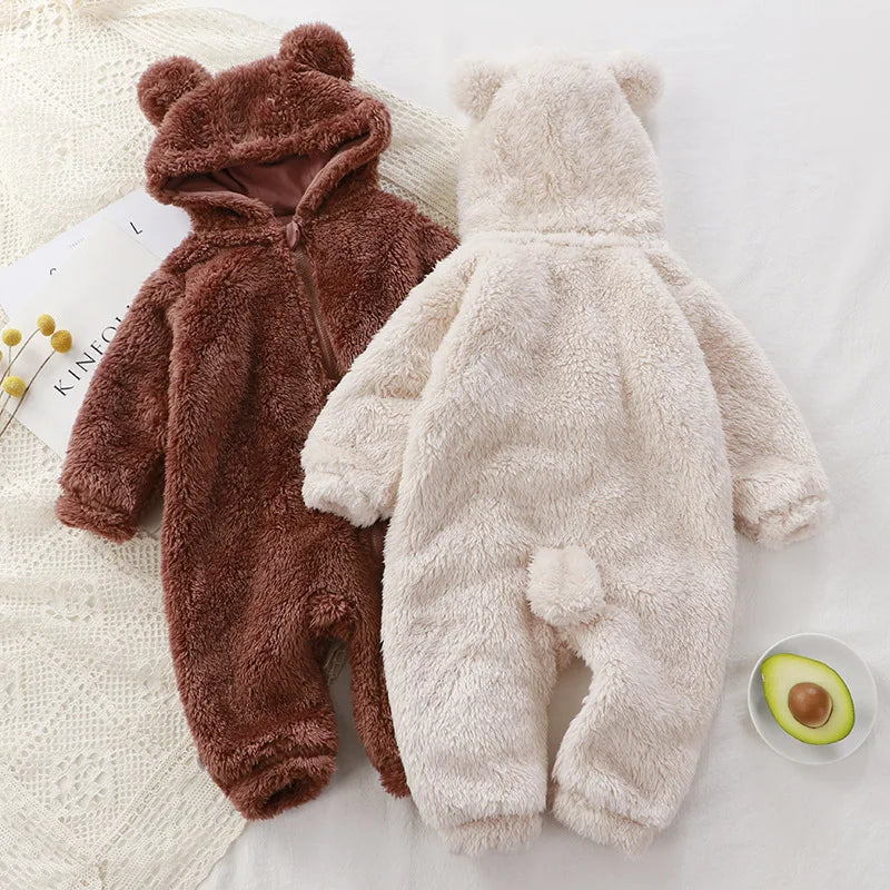 Winter Warme Neugeborenen Baby Mädchen Kleidung 3 Farben Nette Plüsch Bär Baby Strampler Komfortable Weiche Kapuze Zipper Jungen Strampler 0-3 jahre