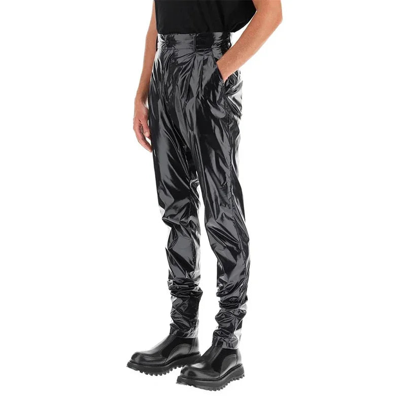 Herren glänzende Kunstleder hohe Taille plissierte Bleistift hose männlich schick elastisch pu schlanke Hose neue Unterhaltung lässige Hose benutzer definierte