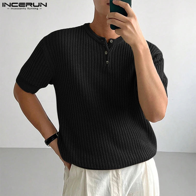 INCERUN Men T Shirts Solid Color O-neck Short Sleeve Streetwear Knitted Casual Men Clothing 2024 Summer Fashion Camisetas S-5XL
